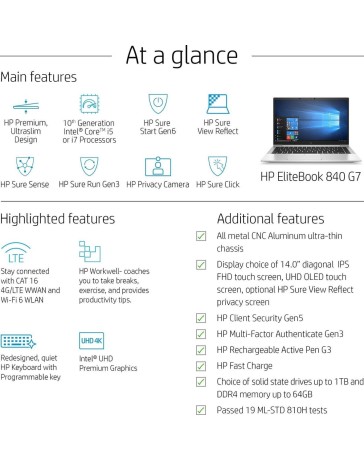 HP EliteBook 840 G7, i5-10310U, 16GB RAM, 256GB SSD, 14" FHD, Win 11 Pro, QWERTY