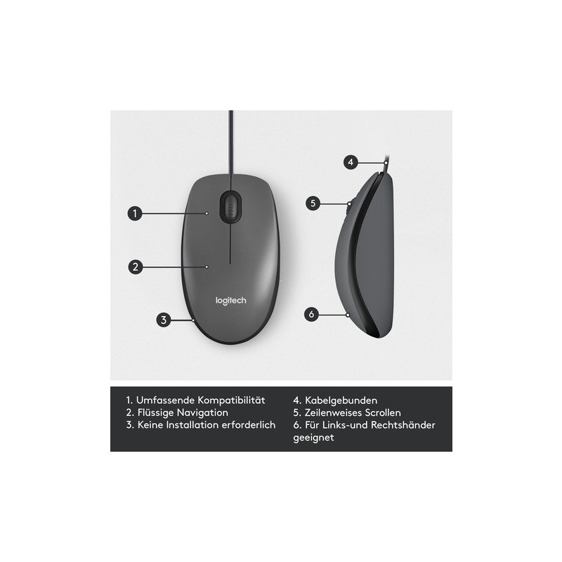 Logitech M100 Bedrade Muis – USB – Plug & Play – Zwart
